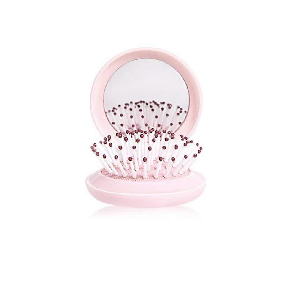 Pink Folding Round Massage Comb with Mirror