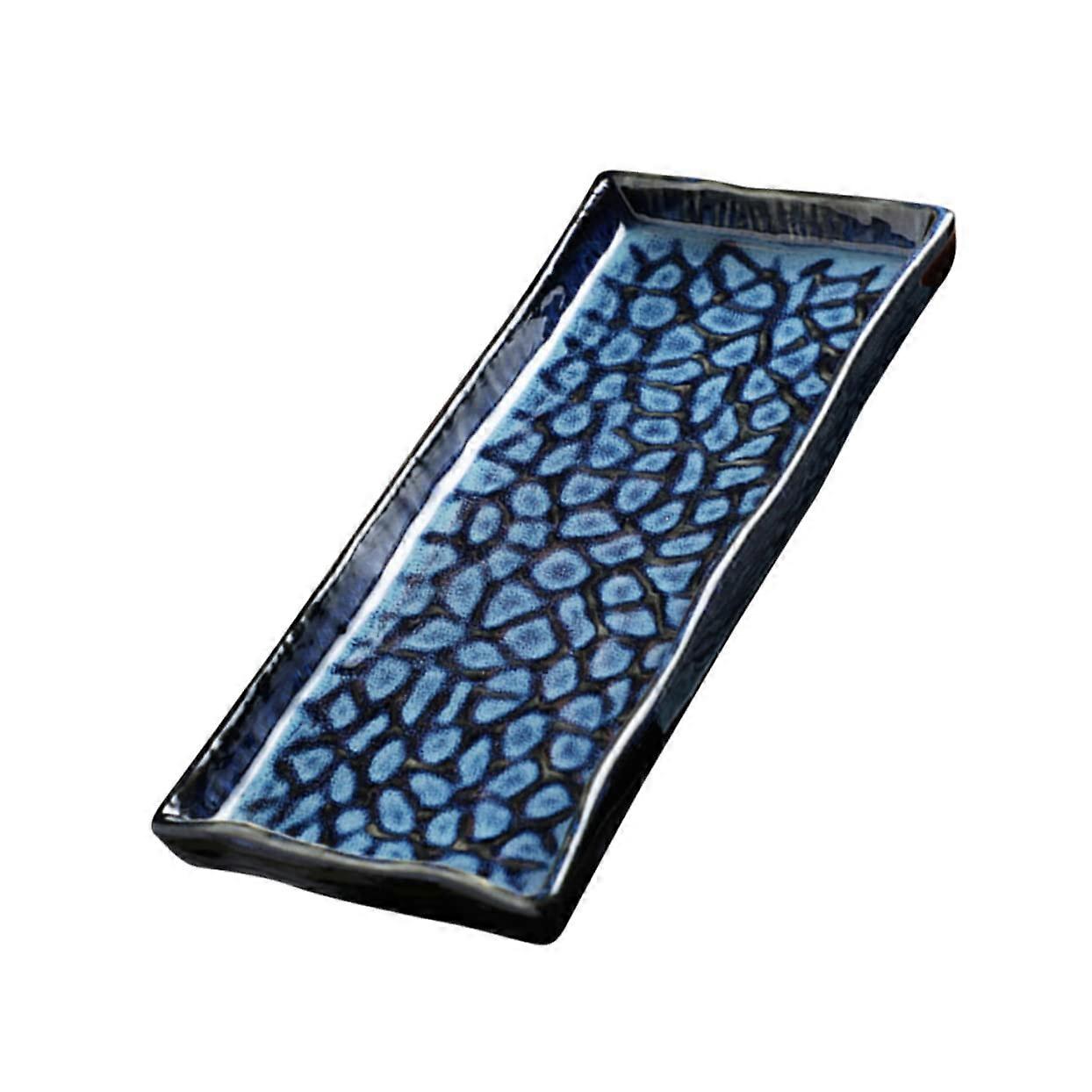 Ceramic Sushi Plate Rectangular Blue Porcelain Serving Tray for Appetizers Pasta Fruit Fish