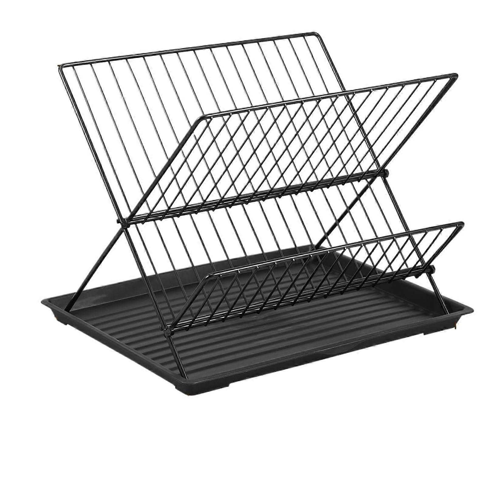 Foldable 2 Tier Dish Drying Rack with Drip Tray, Space Saving Kitchen Organizer for Small Countertops