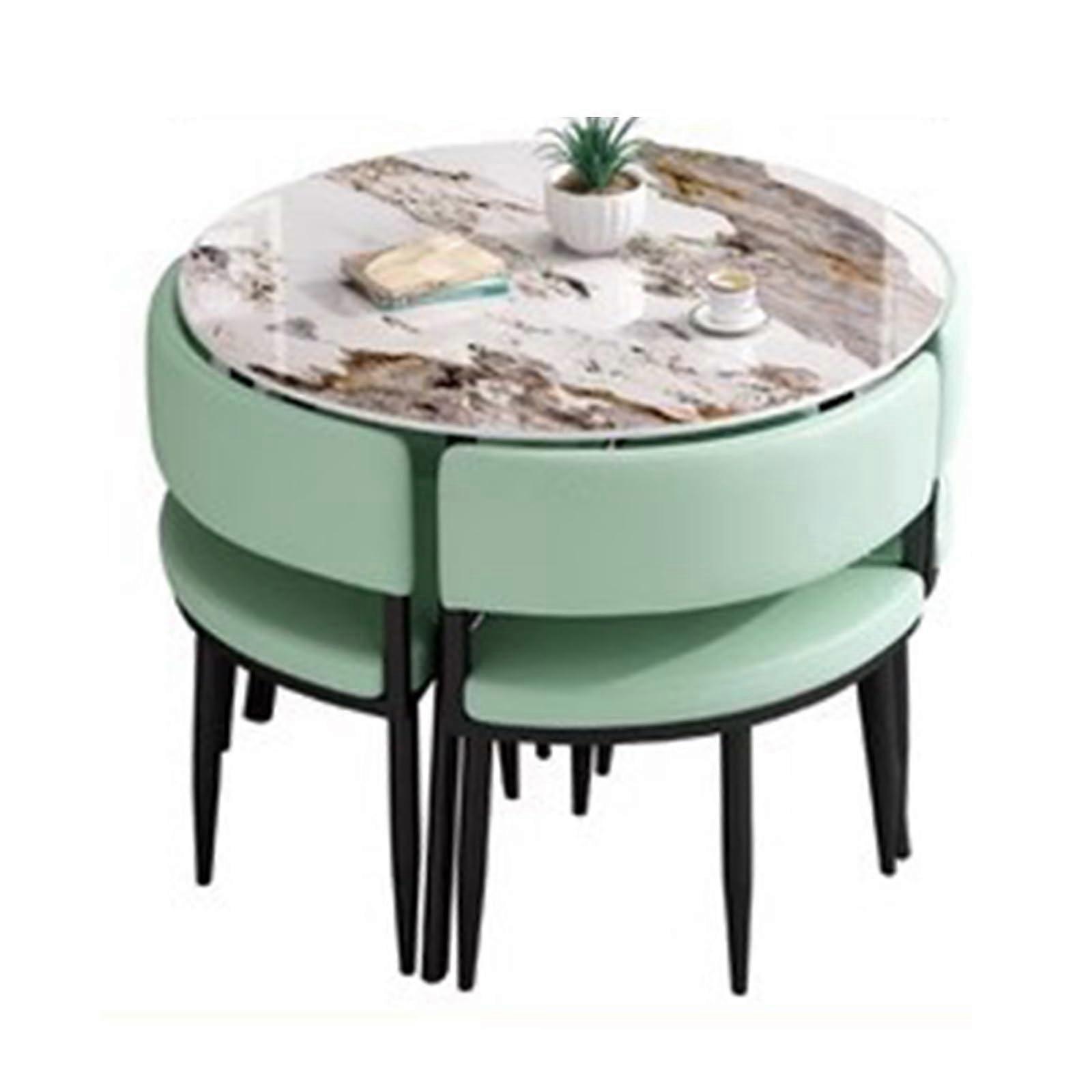Modern Round Dining Table Set for 4 with Blue Upholstered Chairs, Space Saving Durable Rock Slab Table for Dining Room