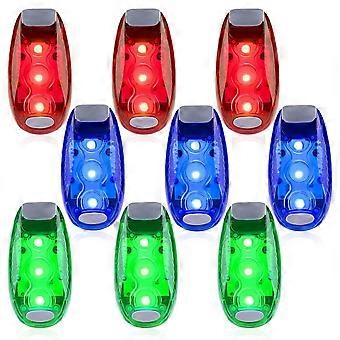 Set van 9 LED-veiligheidslampjes, goed zichtbare stroboscooplampjes voor fietsen en wandelen, te bevestigen met clip of riem (rood/blauw/groen), compatibel met universele accessoires.