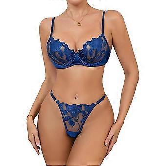 Sexy Satin Mesh Floral Sheer Embroidered Underwire Lingerie Set 2 Piece Women