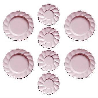 Conjunto de 8 Mini Pratos Redondos Rosa em Liga Metálica para Decoração de Casa de Bonecas