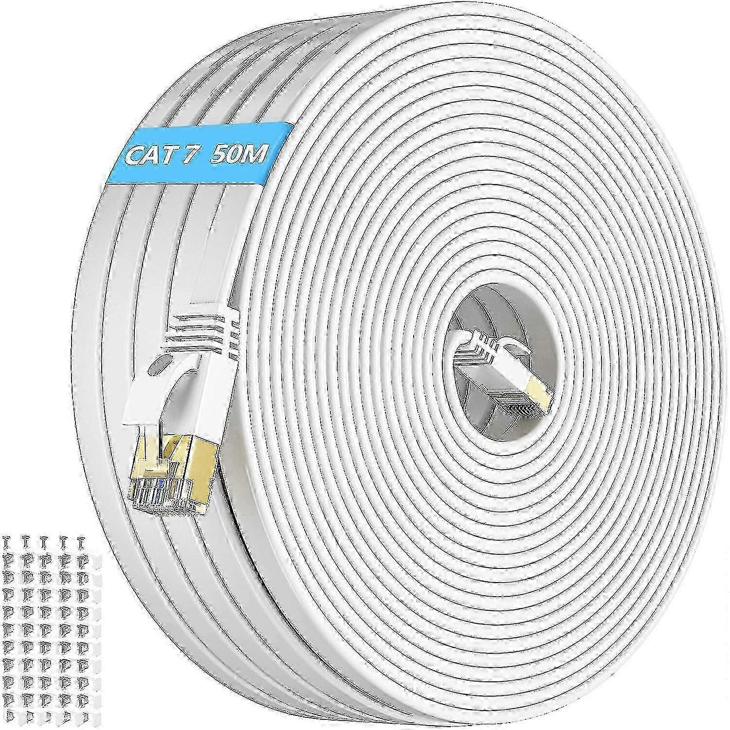 50m White Cat 7 Flat Ethernet Cable FTP Shielded High Speed LAN Network Cable