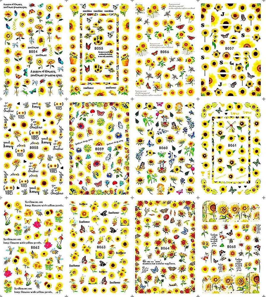 12 Sheets Sunflower Nail Art Stickers With Tweezers Floral Flower Nail ...