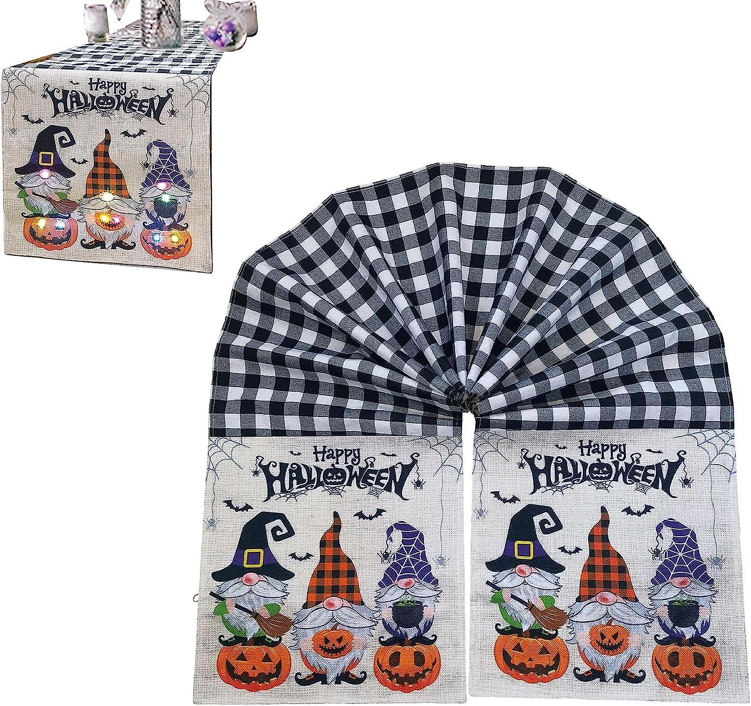 Halloween Table Runner With Lights | 72x13 Inch Faceless Gnome Burlap Plaid Table Runners With Lights | Scandinavian Nisse Gnome Table Decoration Dinn
