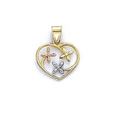 14k Tricolor Gold Flowers Love Heart Pendant Necklace-Pendant for Women - 1.3 Grams