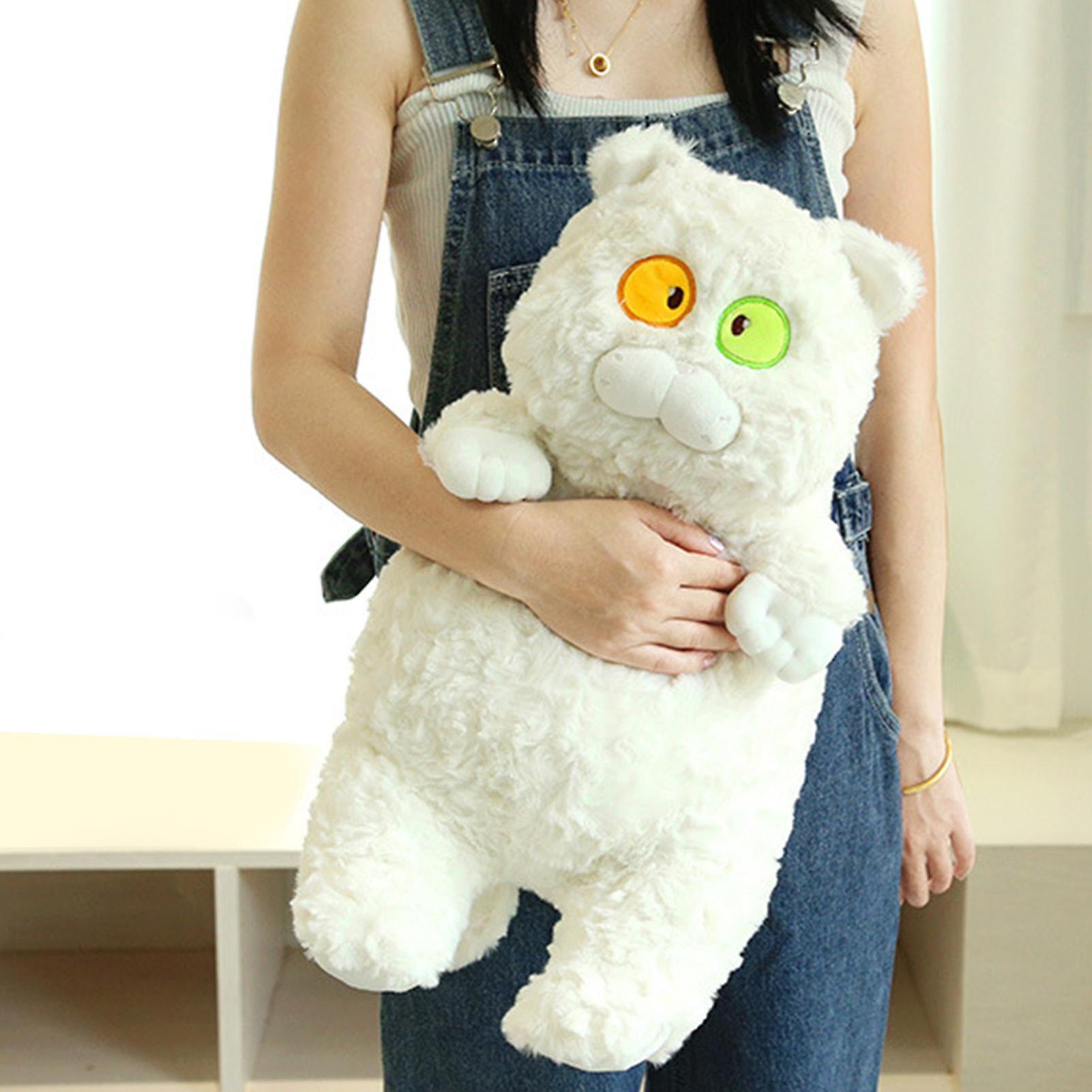 Cat Plush Toy Cute Soft Skin Friendly Fluffy Staring Short Plush Cat Hugging Sleeping Pillow for Home White 