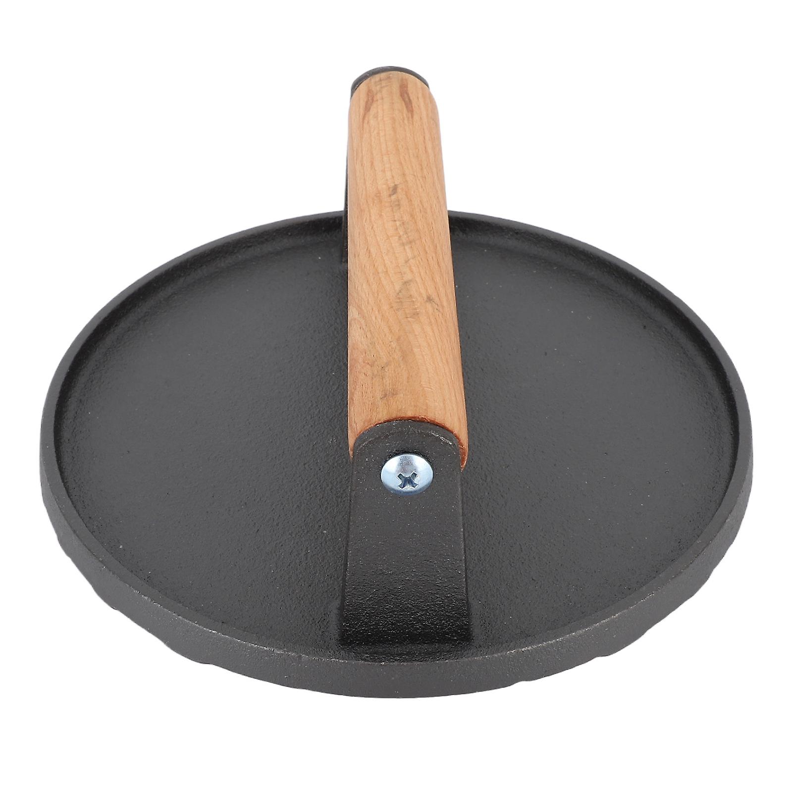 Steak Weight Cast Iron Bacon Press Wood Handle Pattern Bottom Grill Press For Burger Griddle Sandwich Bbq Vegetables