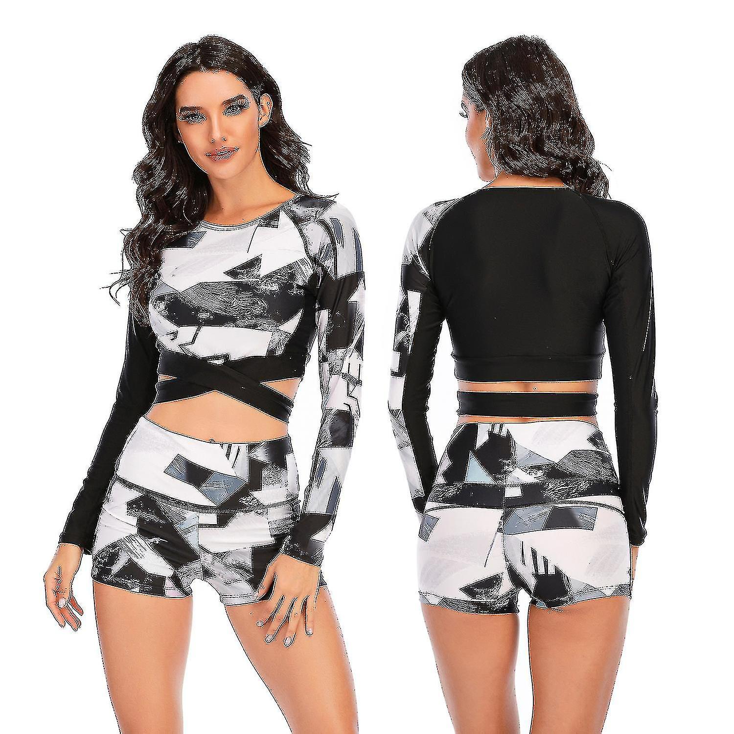 Femmes À Manches Longues Rash Guard Maillots De Bain Surf Chemise Deux Pièces Maillot De Bain Géométrique Shorts Ensemble Maillot De Bain Uv Protection Maillot De Bain-yezi