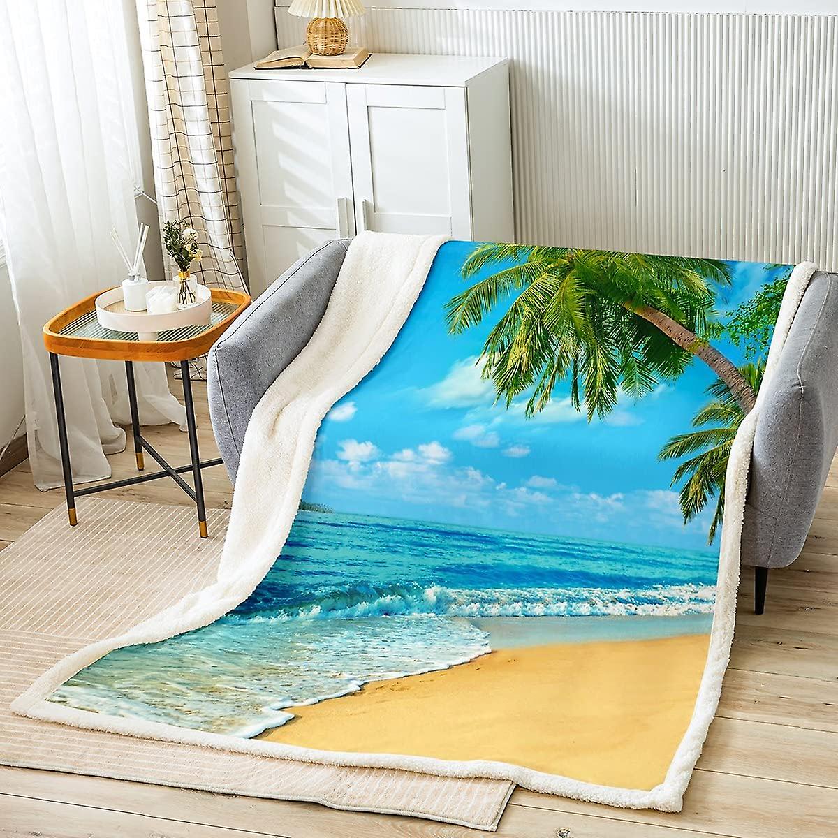 Beach Sherpa tæppe Ocean Fleece Kast tæppe Hawaiian Beach Sea Plys tæppe til seng Sofa Palmeblad Varmt fuzzy tæppe
