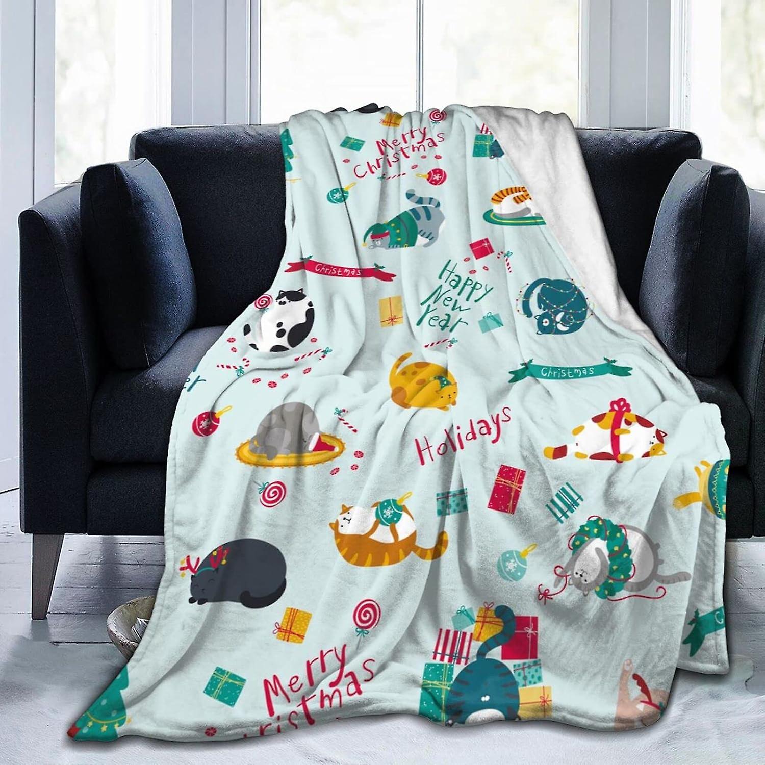 Printed Throw Blanket Christmas with Funny Cats of Different Breeds Throw Blanket Soft Flannel Single Blanket Anti-pilling Washable for Bed Sofa Couch