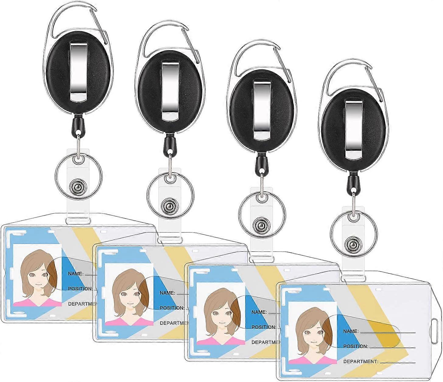 4pcs Retractable Badge Holder, ID Card Holders with Retractable Keyring, Reel Clips Badge Holder Two-Sided, Horizontal/Vertical Clear ID Card Holder w