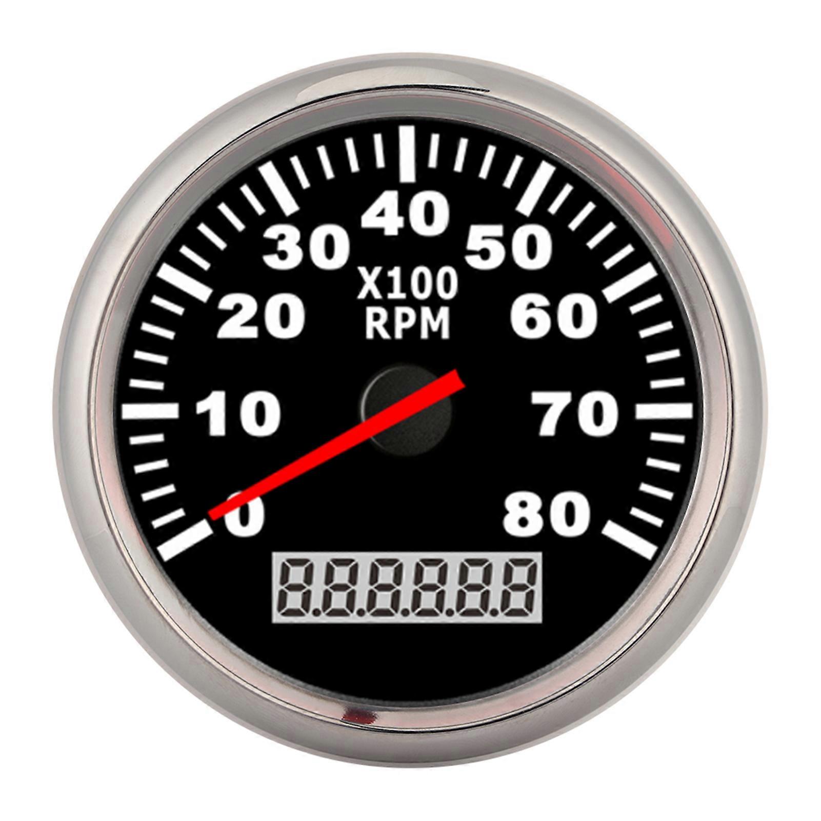85mm Pointer Digital Tachometer 8000RPM Red LED Backlight Guage Waterproof Marine Hourmeter for 12V/24V Car BoatBlack Dial Silver Frame