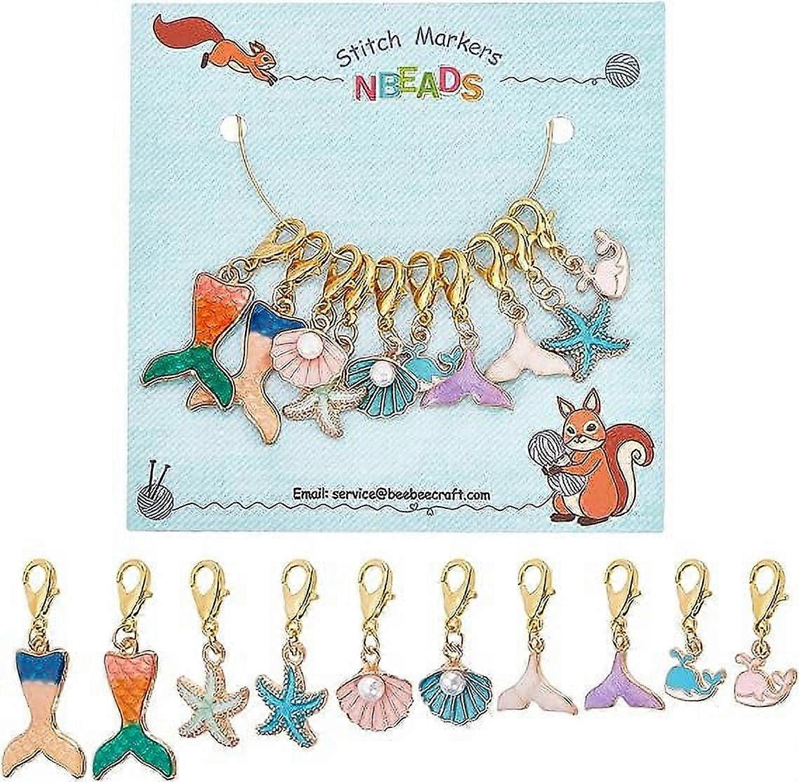 10 Pcs Ocean Theme Stitch Markers, 10 Styles Starfish/Whale/Shell Alloy Enamel Crochet Stitch Marker Charms Locking Stitch Marker for Knitting Weaving