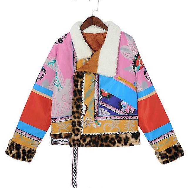 2024年秋冬ニューコートレディースダウンジャケットナショナルスタイルコートストリートショートプリントウォームヒョウシックパッチワークパッド入りジャケット