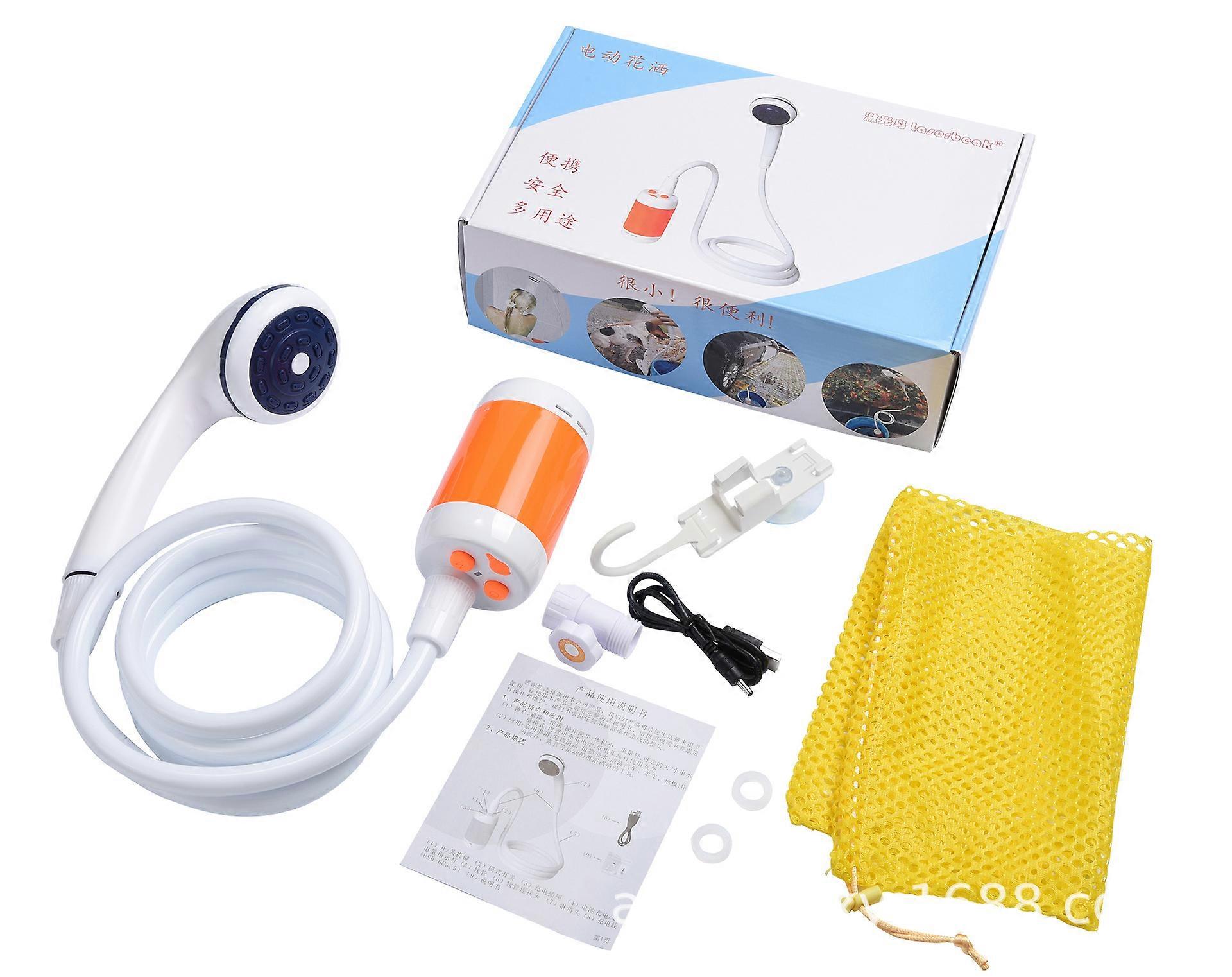 Portable camping shower with shut-off valve shower head and 4800 mAh built-in battery, orange,2024 Ping