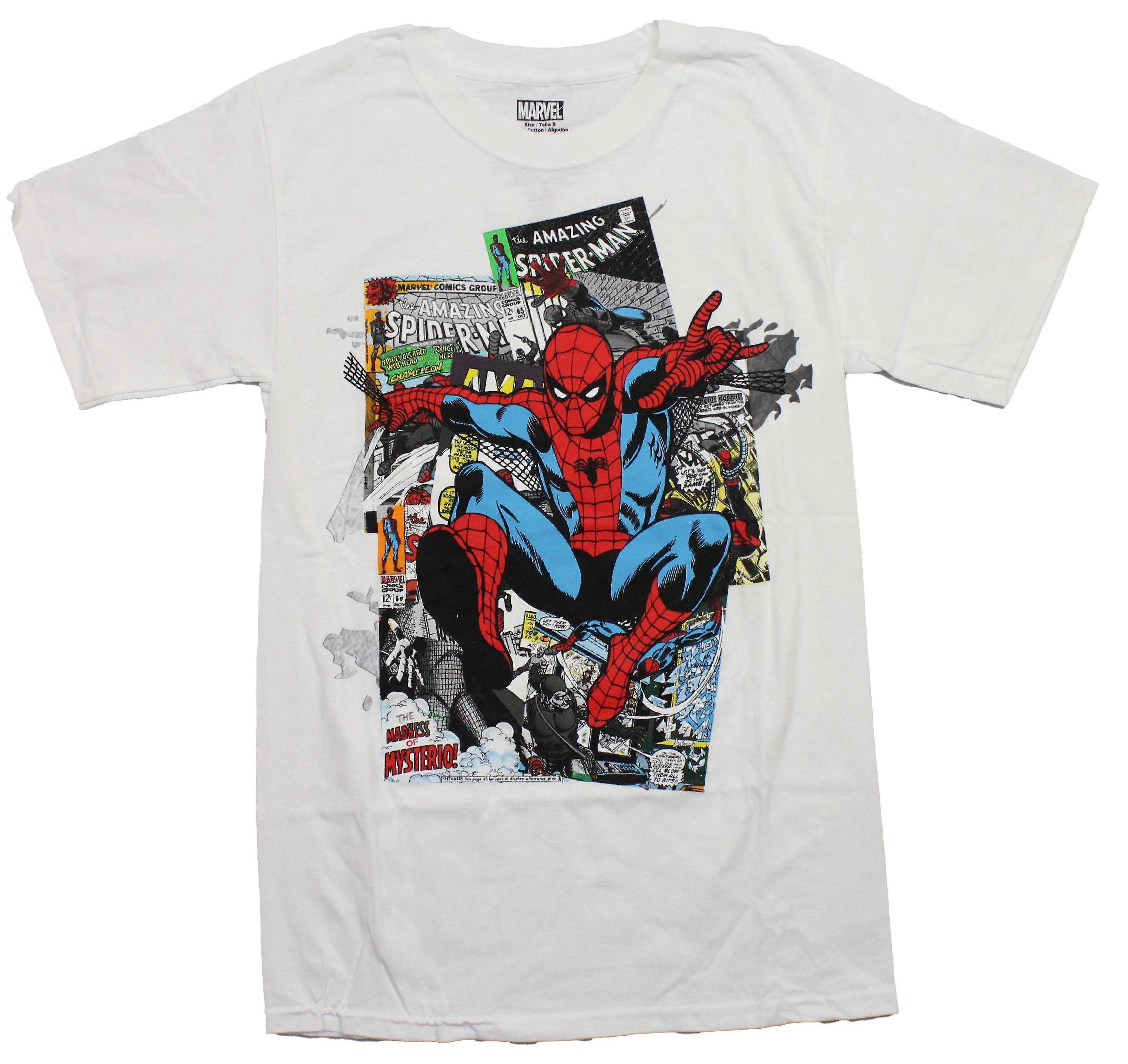 Spider-Man Mens T-Shirt - Spidey Jumping Over Comic Pile-Lgn135