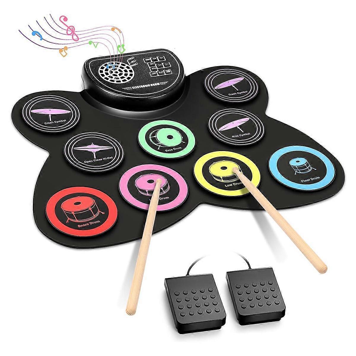 Hand Roll Drum Set,9 with Headphone Jack,Electronic Drum Kit Built-in Speaker Drum Pedals Sticks,Gi