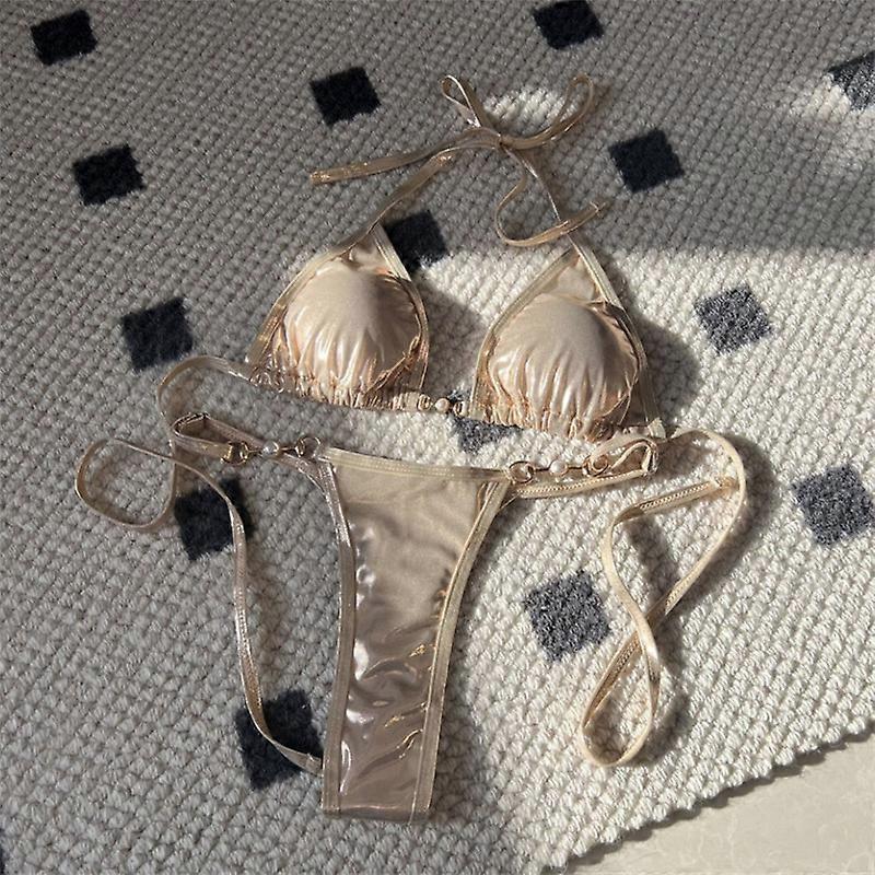 Women's 2 Piece Metallic Bathing Suit Halter Triangle Bikini Tie Side Swimsuit