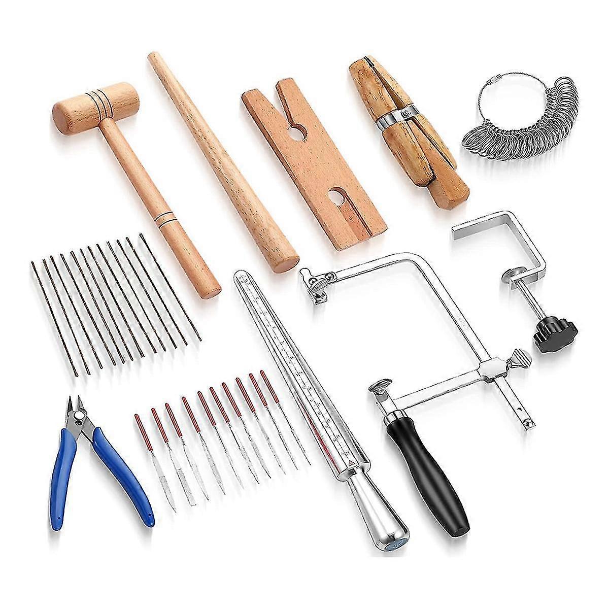 L’ensemble d’outils comprend des bijoutiers, un cadre de scie, un banc, une pince à aiguilles, une lime à aiguille diamantée, une pince à anneau en bois pour un juif