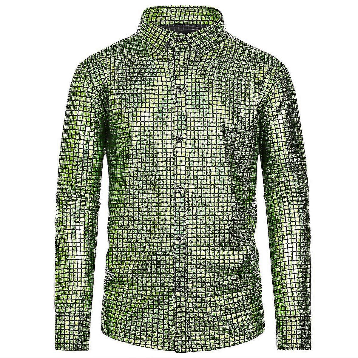 VAWAN Mens Solid Color Shiny Gilded Checked Loose Shirt