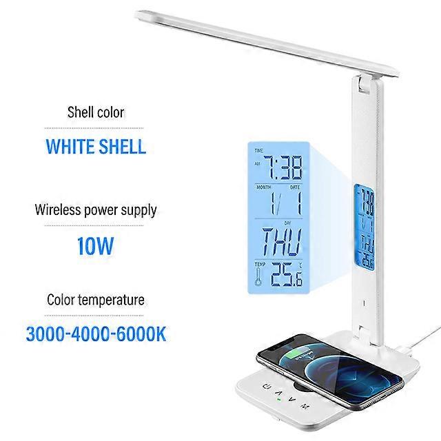 LED Table Lamp 10W QI Wireless Charging with Clock Date Alarm Clock Dimmable Eye Protection Reading Table Lamp for Office Study