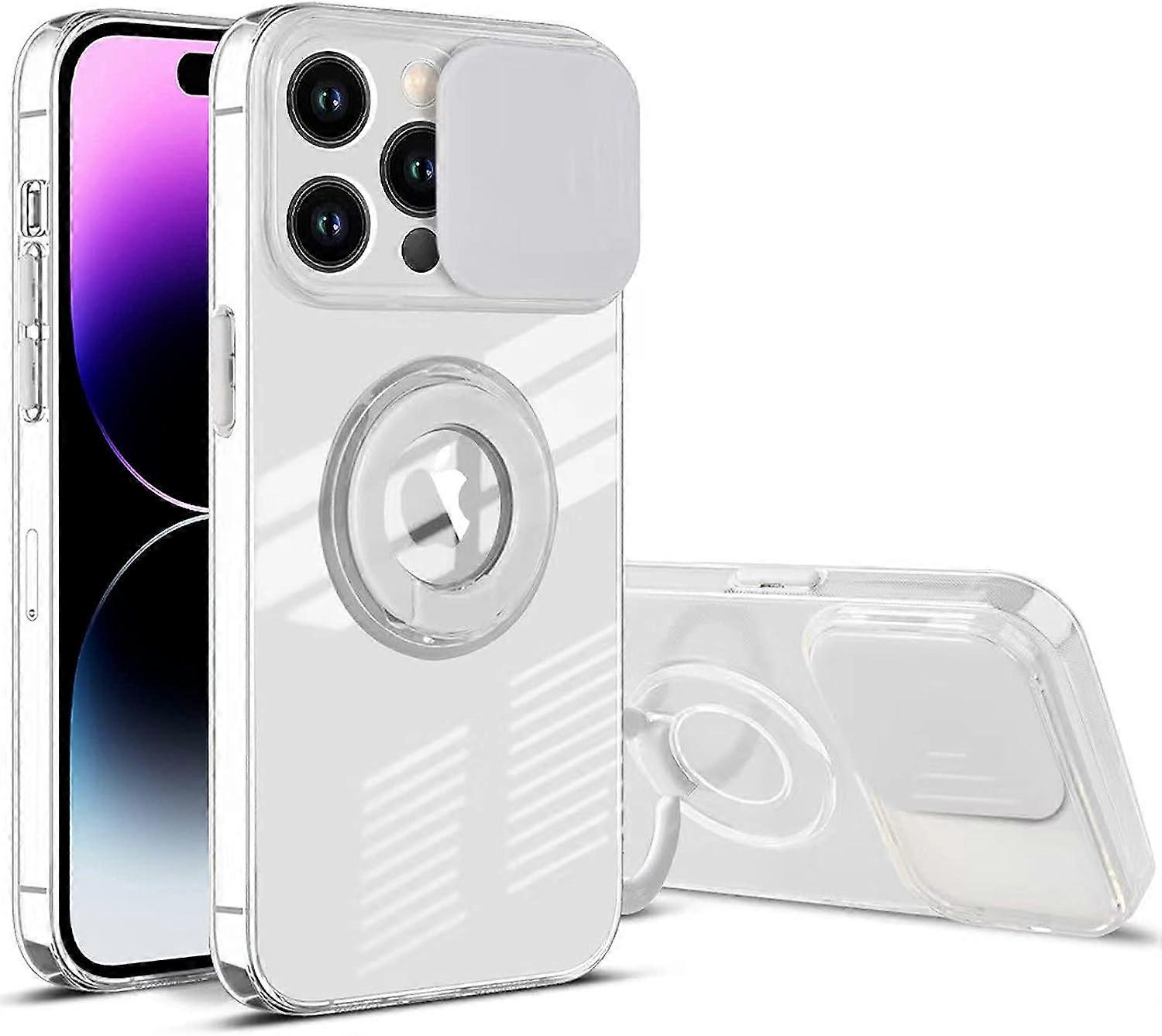Case for iPhone 14 Pro Max - White, Camera Protection Case with Ultra Slim Slider Lens Cover, with Stand Ring Slim Transparent Cover and Soft TPU Fram