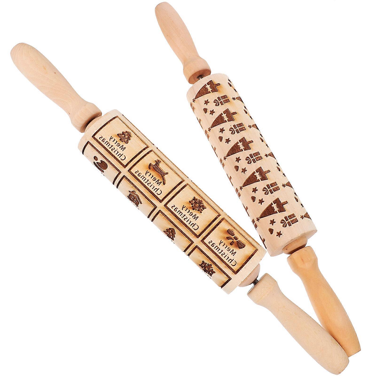 2Pcs Wooden Rolling Pin Christmas Rolling Pin Wood Carved Engraved Rolling Pin with Xmas Patterns