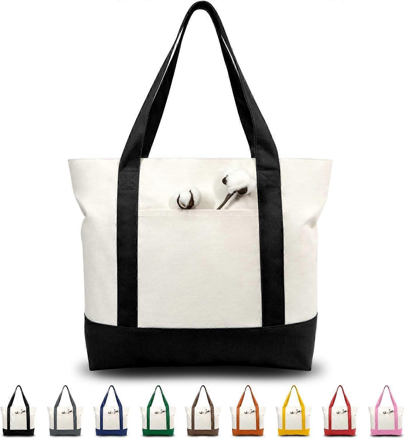 1 Pack Stylish Canvas Tote Bag with an External Pocket, Top Zipper Closure, Daily Essentials (Black Pack of 1)