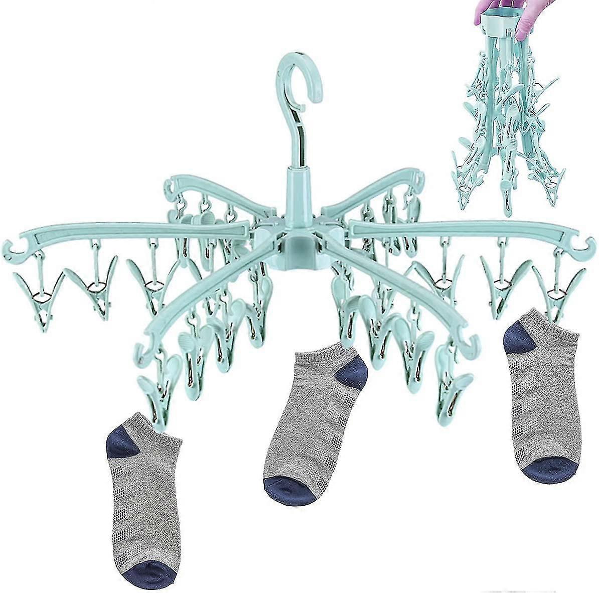 Folding Sock Dryer, 24 Peg Sock Hanger For Washing Line Rotatable Portable Sock Drying Rack Folding Underwear Hangers With Clips(green)(5-e-d)