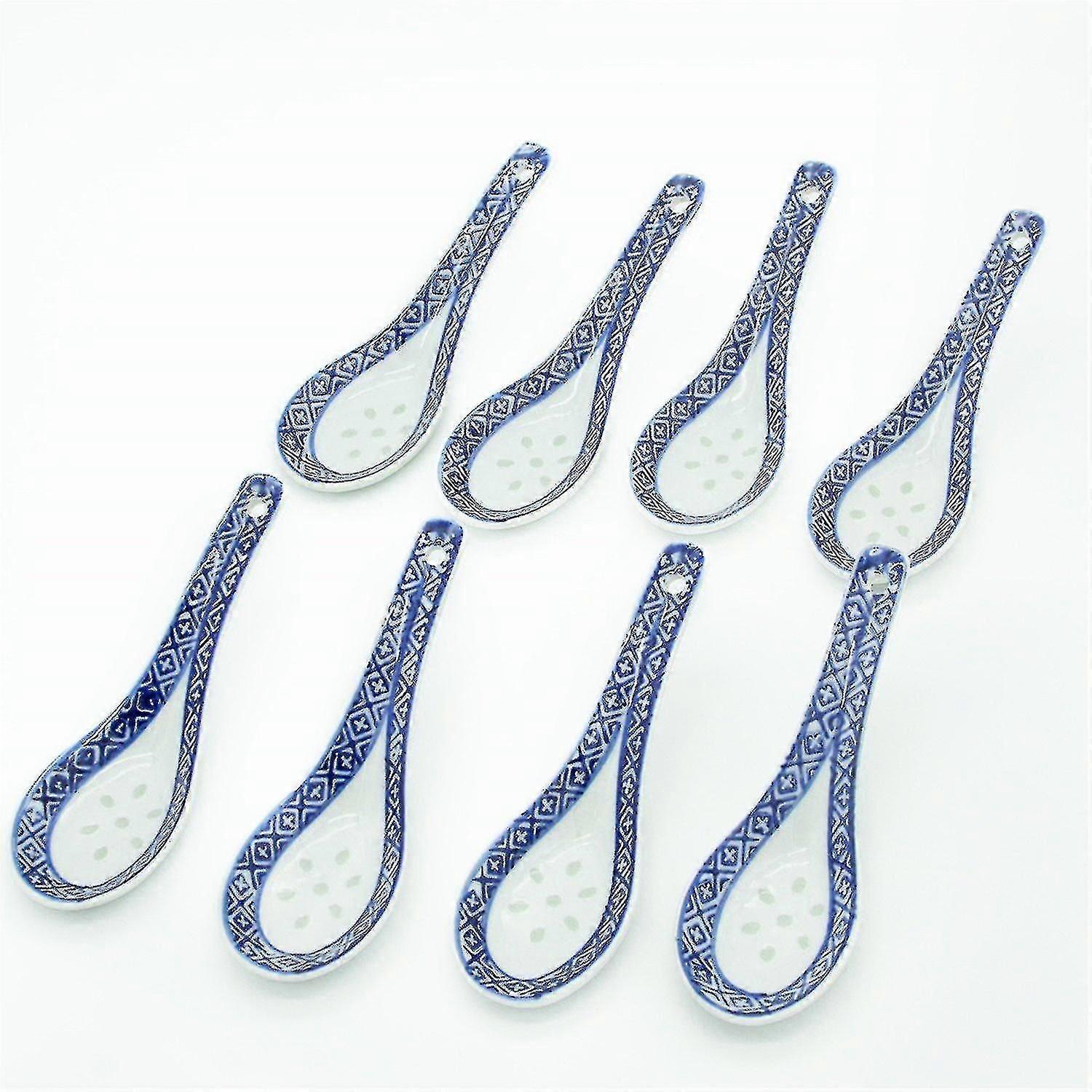 Blå og hvid porcelæn keramisk kinesisk suppe skeer, sæt af 8, julegave