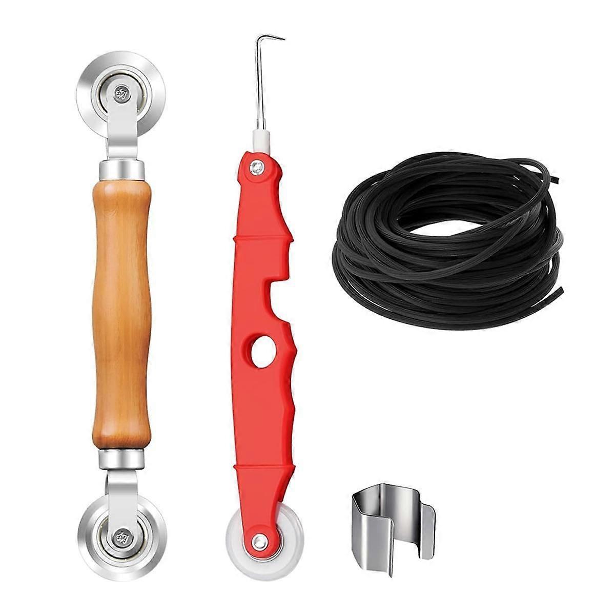 Fly Screen Repair Set Tool Double Wheel Sealing Roller with Wooden Handle Rubber Piping Tape Remova