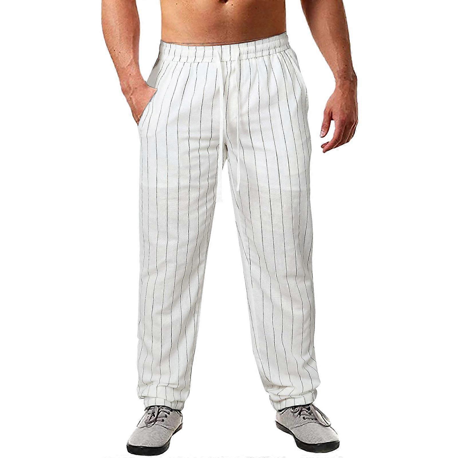 New Men's Vertical Stripes Tie Rope Elastic Waist Cotton Beach Trousers Casual Trousers