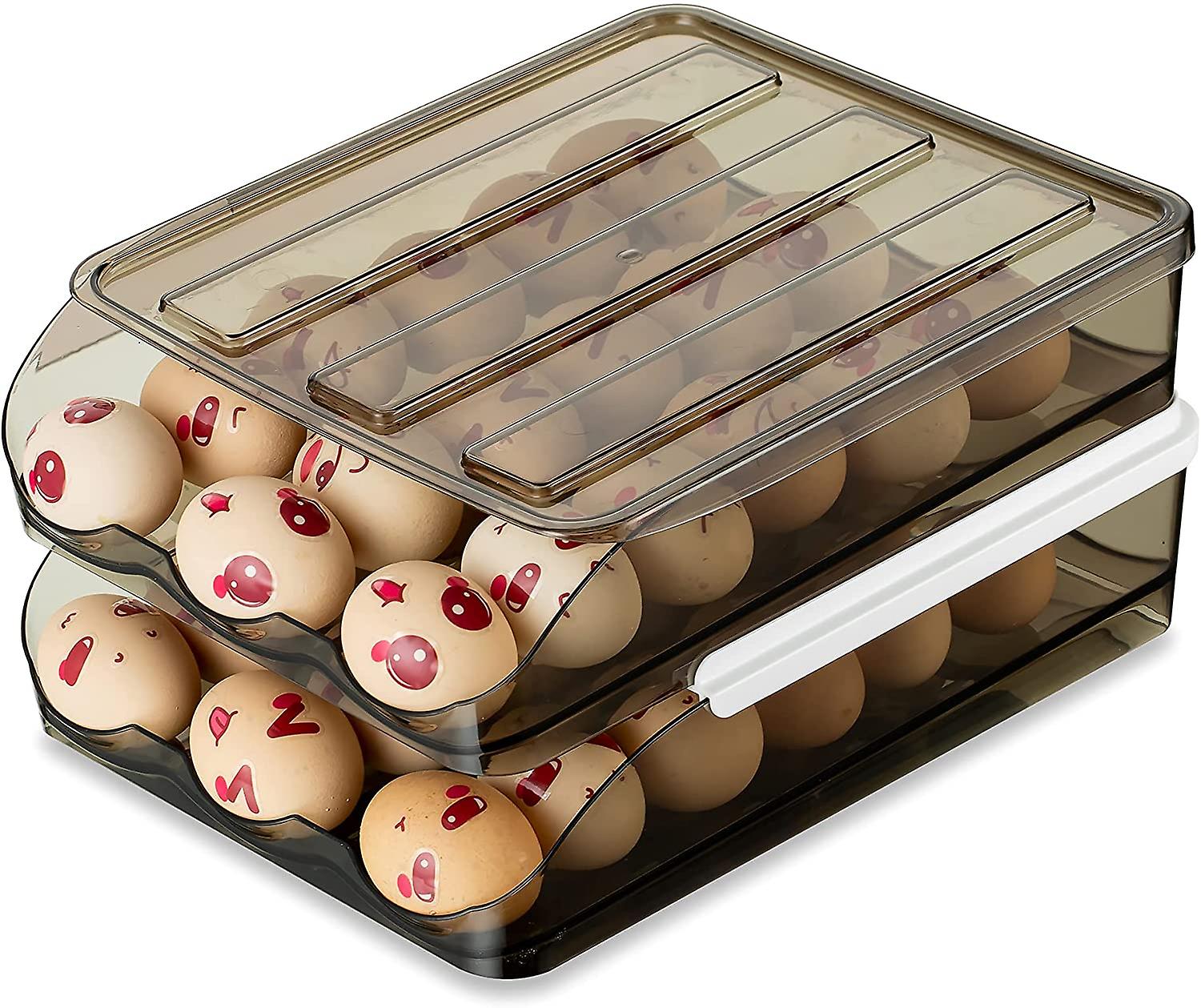 Egg Box With Lid, 2 Tier Automatic Refrigerator Roller Egg Storage Stackable Fridge Organizer