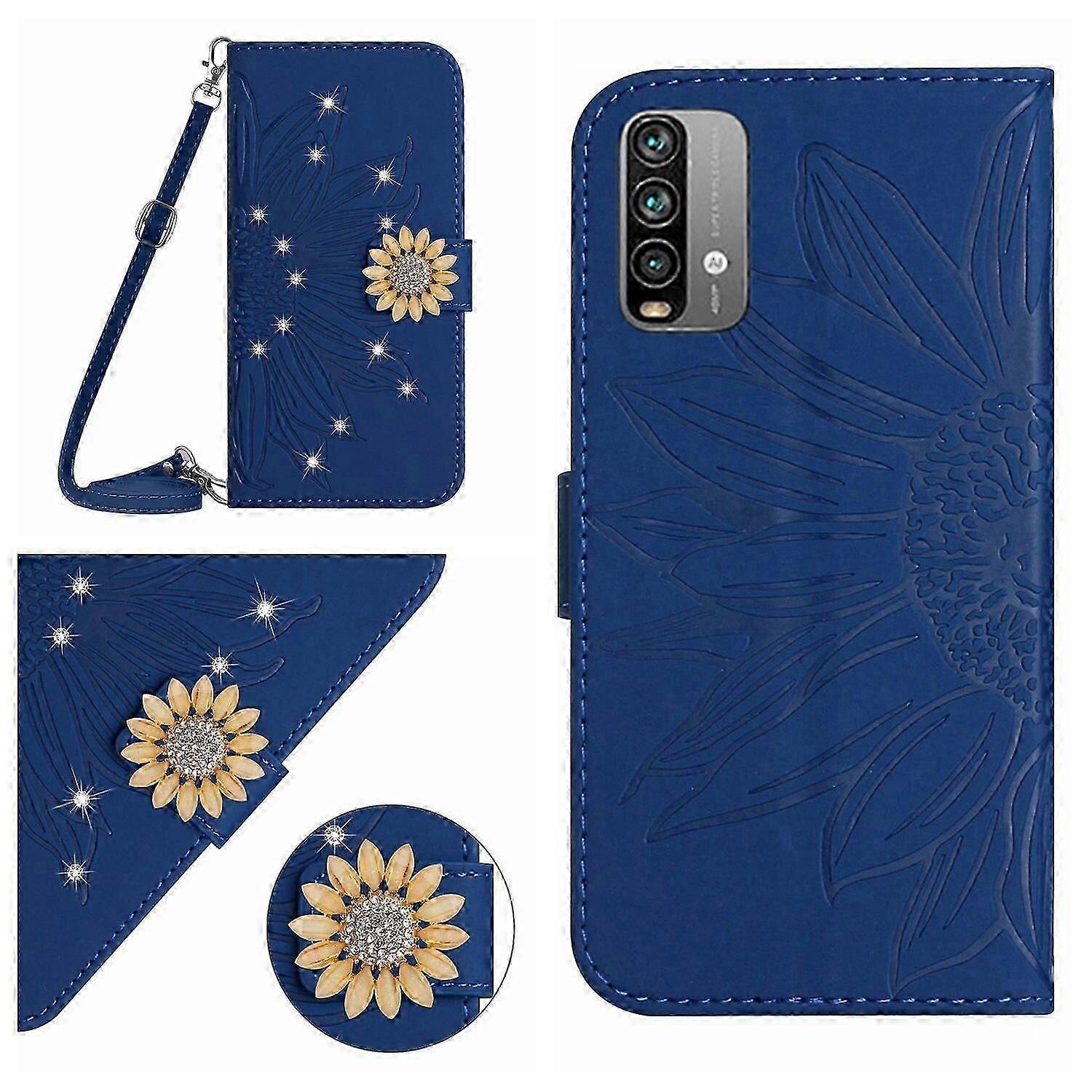 Compatible With Xiaomi POCO M3 Embossed Sunflower with Diamonds Magnetic Card Holder Wallet Phone Case with Shoulder Strap