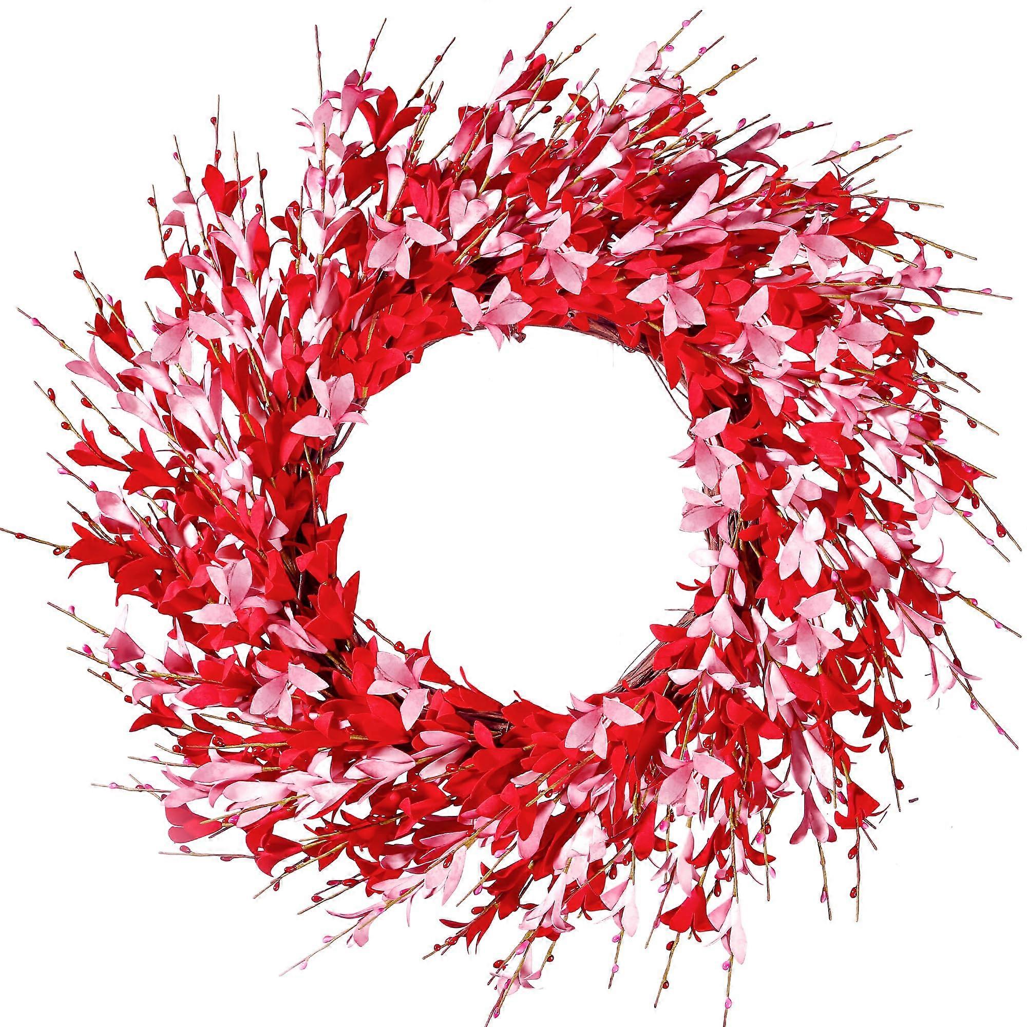 Valentine's Day Wreath 20in Pink Forsythia Foam Flower Handmade Decor for Front Door or Window