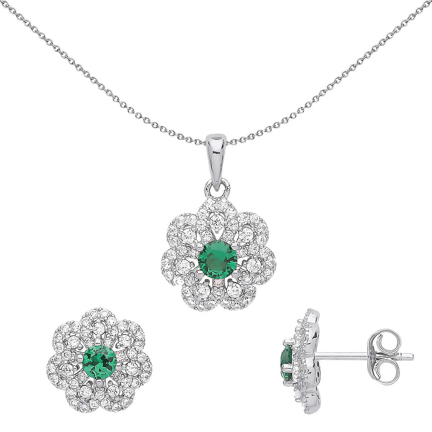 Jewelco London Ladies Sterling Silver Emerald-Green Cubic Zirconia Daisy Flower Cluster Earrings Necklace Set