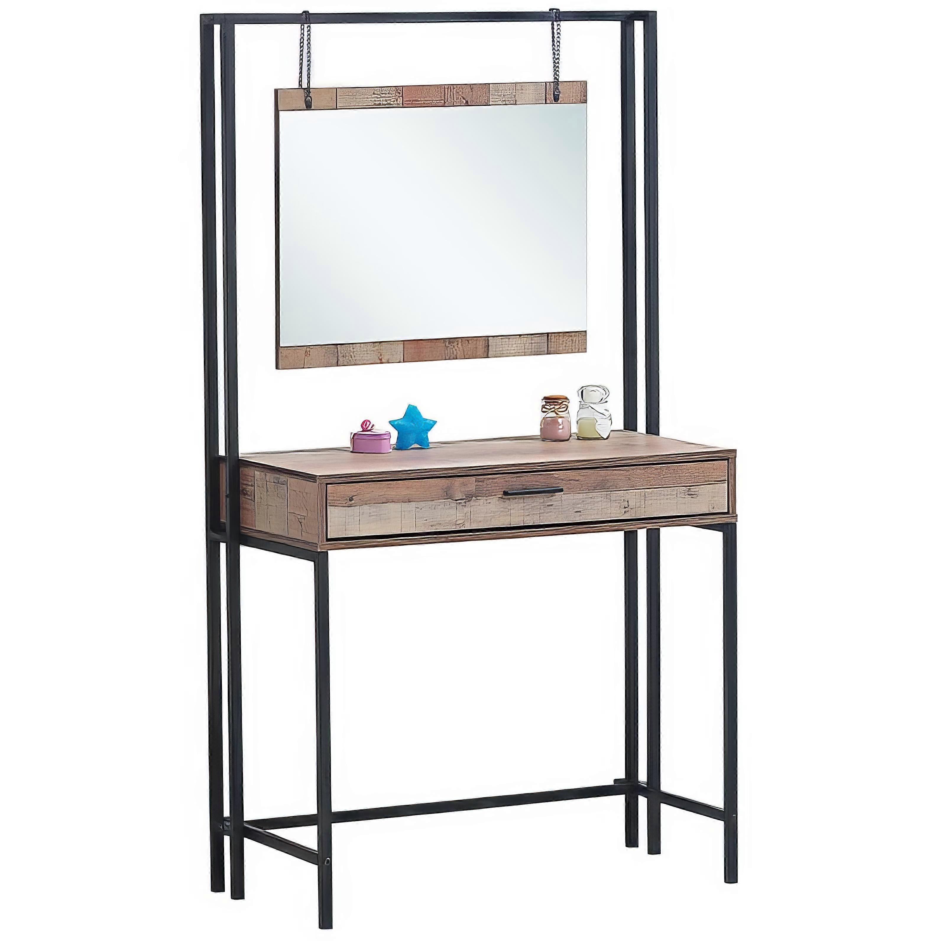 Elegant Rustic Oak Dressing Table with Mirror Single Storage Drawer
