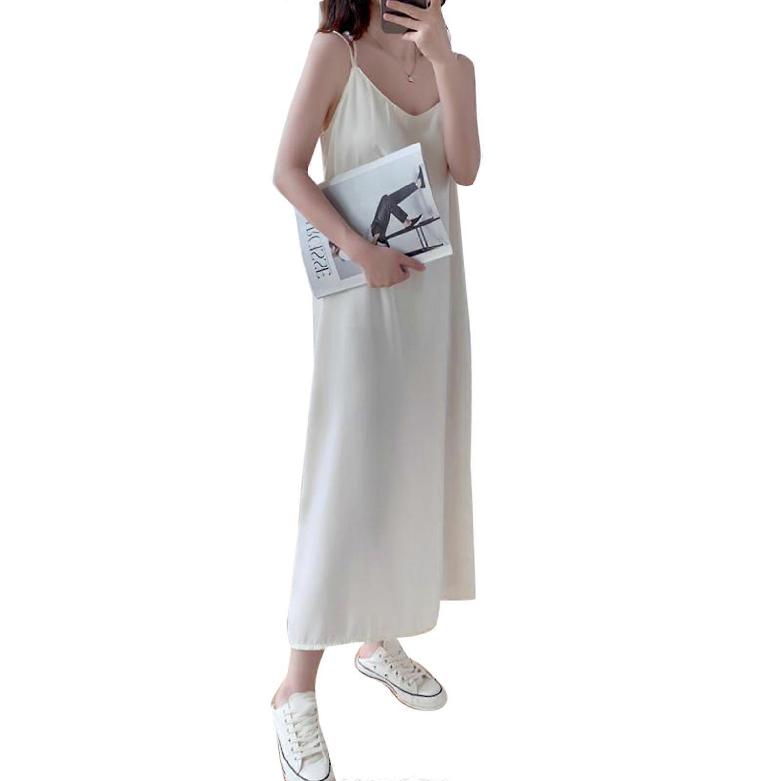 Women's Solid Color Chiffon Dress Breathable and Comfortable Sleeveless V-Neck Suspender Dress for Holiday  White XL