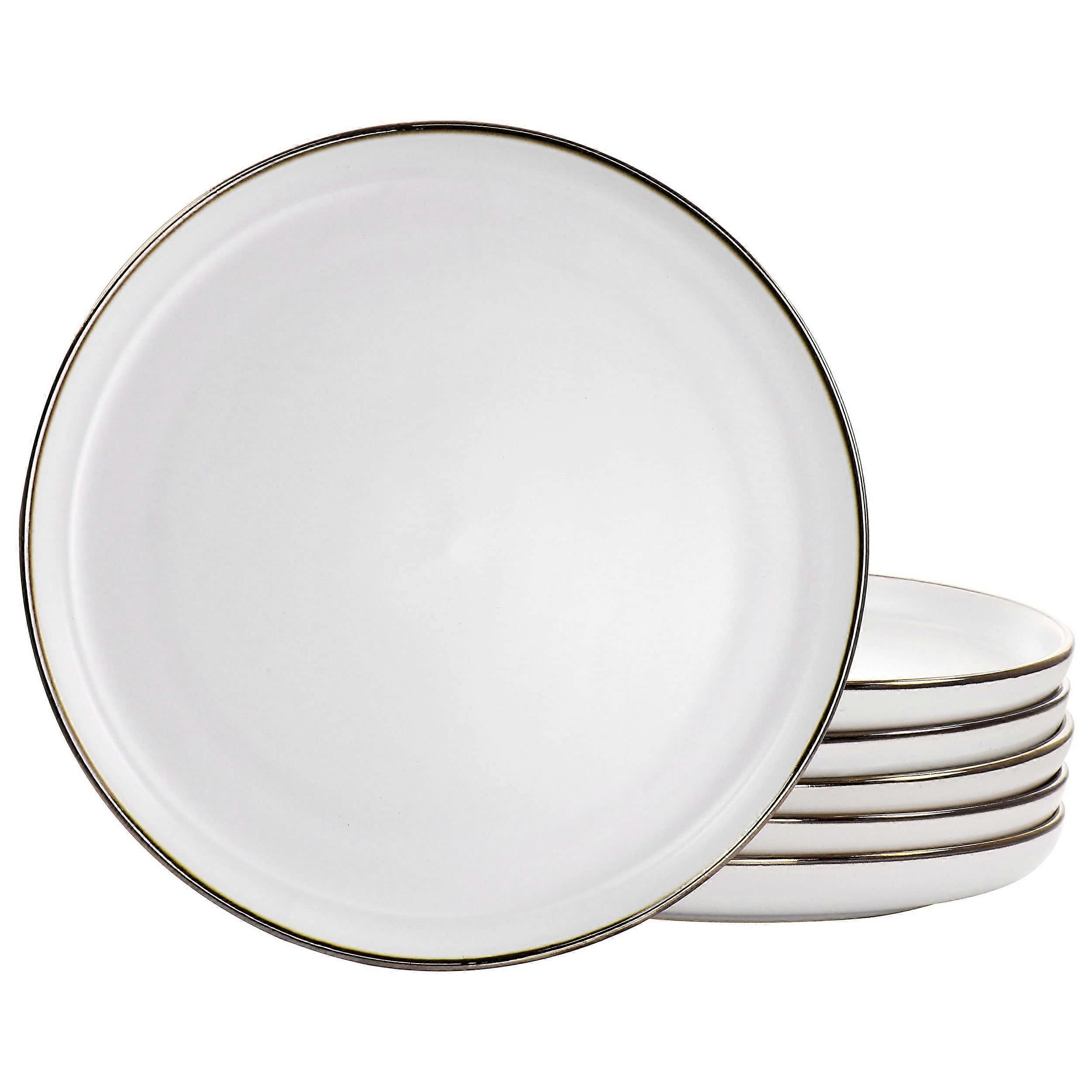 6 Piece White Matte Dinner Plate Set with Elegant Gold Rim - Modern Ceramic Plates for Formal Dining