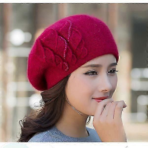 Beret Women Winter Hat Knit Beanie Angora Warm Rhinestone Double Layer Casual Soft Classic Thermal Snow Outdoor Accessory