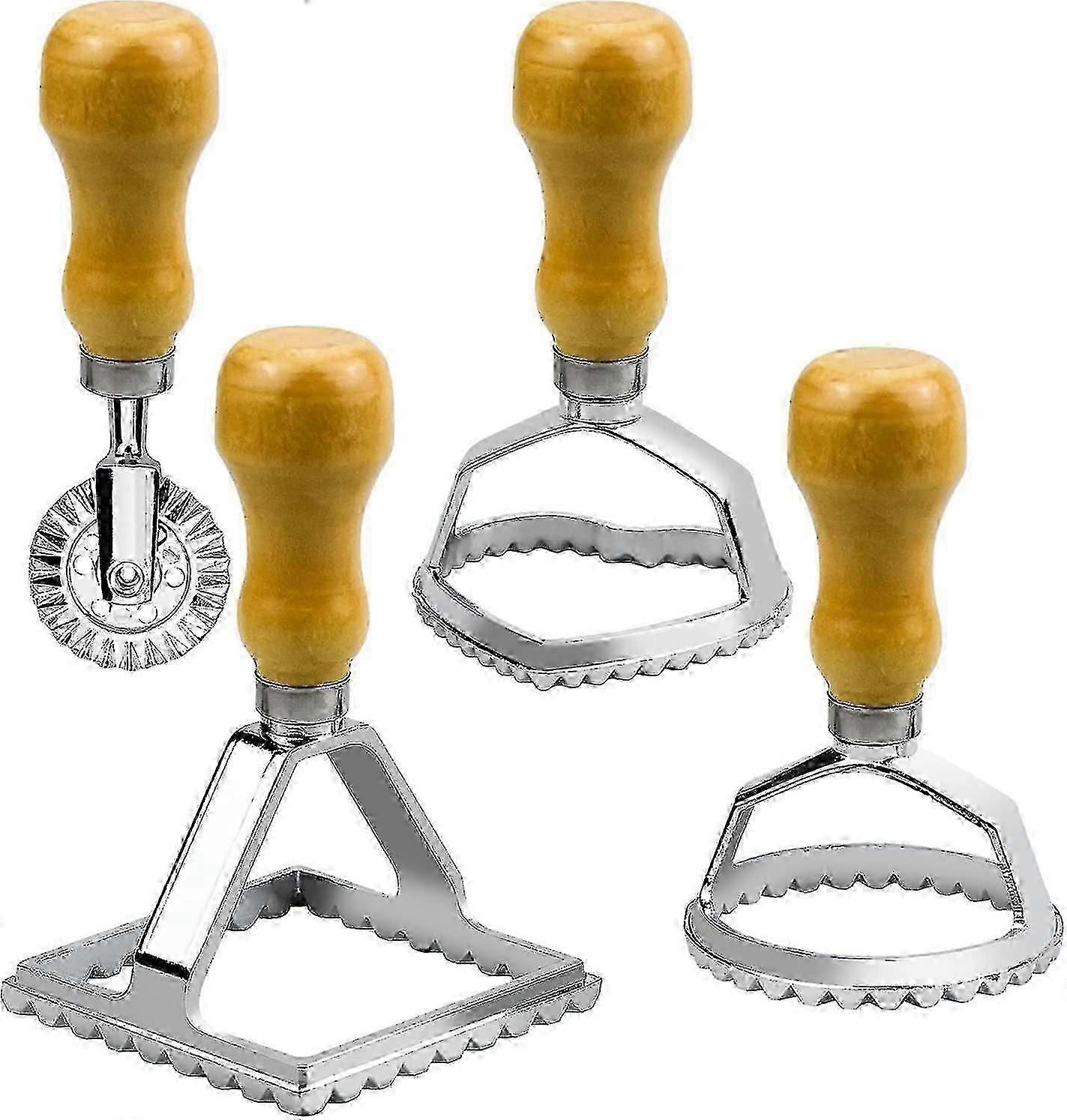Cortador Ravioli Stamp Maker, Molde com cabo de madeira e borda canelada, conjunto de corte de macarrão de aço inoxidável com conjunto de roda de rolo, cozinha de prensa de massa