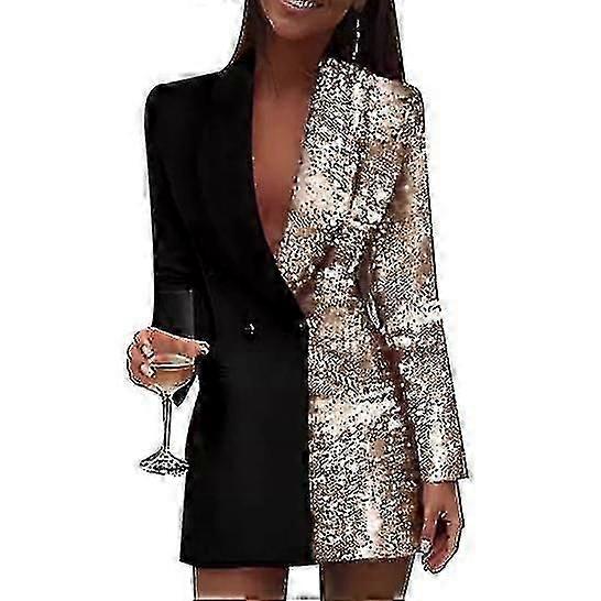 Frauen Mode Colorblock Pailletten Langarm Zweireihige Bodycon Blazer