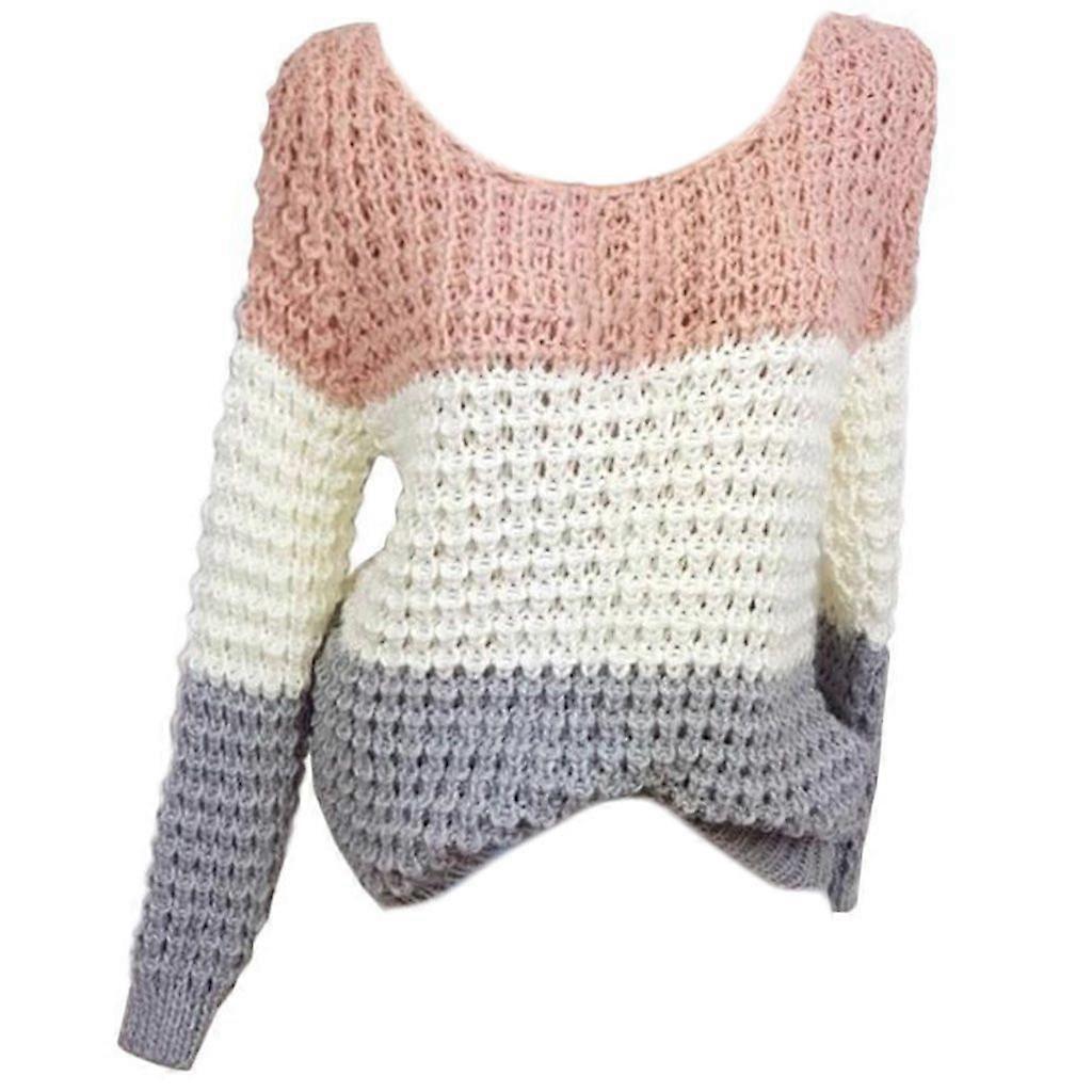 Damen Herbst Grob gehäkelter Strickpullover Langarm O-Ausschnitt Lockerer Pullover Oberteile Triple Color Block Patchwork Pullover