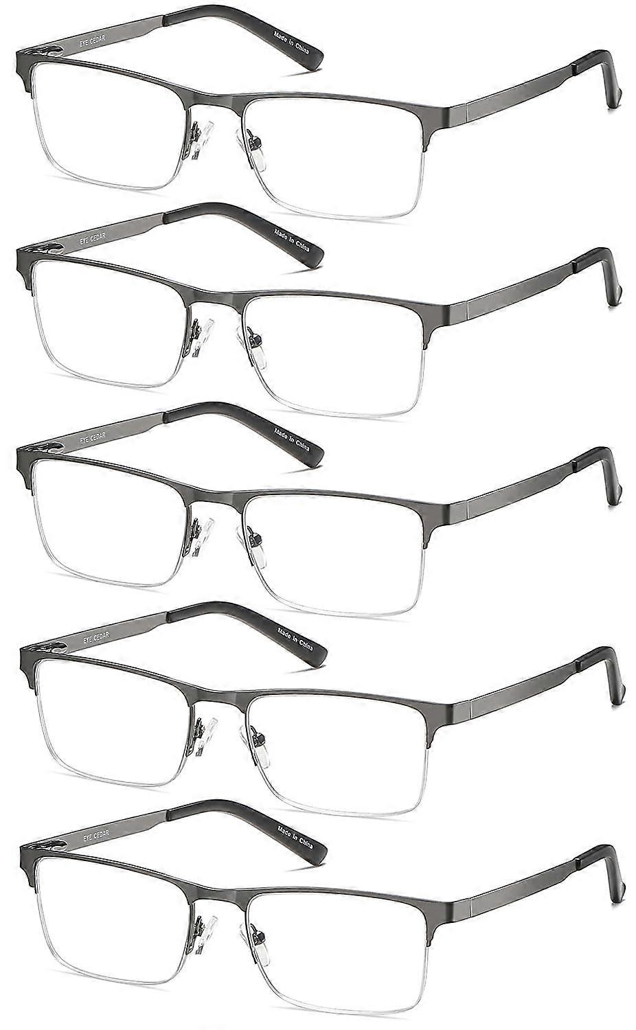 5-Pack Blue Light Blocking Reading Glasses for Men, Metal Half Frame, Gunmetal Gray, Spring Hinges, Strength 2.0
