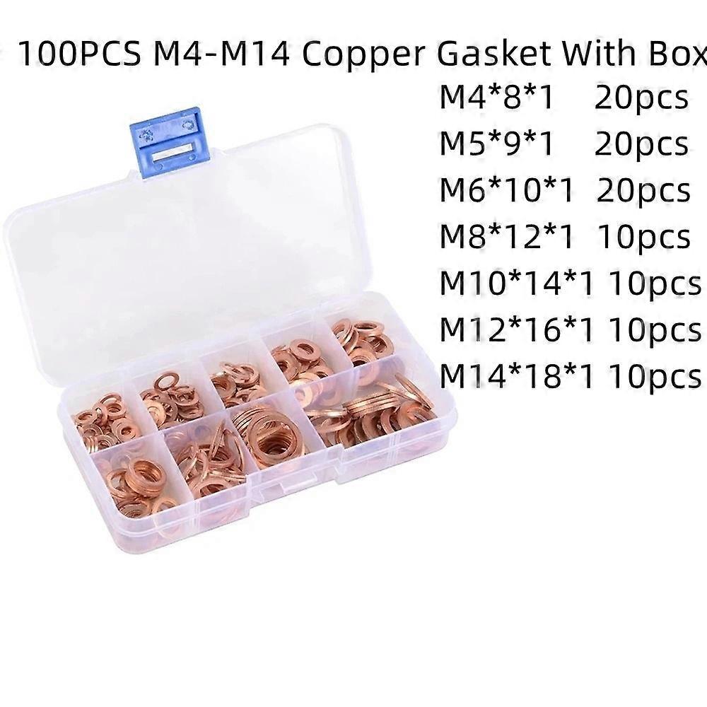100Pcs 7 Sizes Solid Copper Washers Sump Plug Assorted Washer Kit Plastic Box