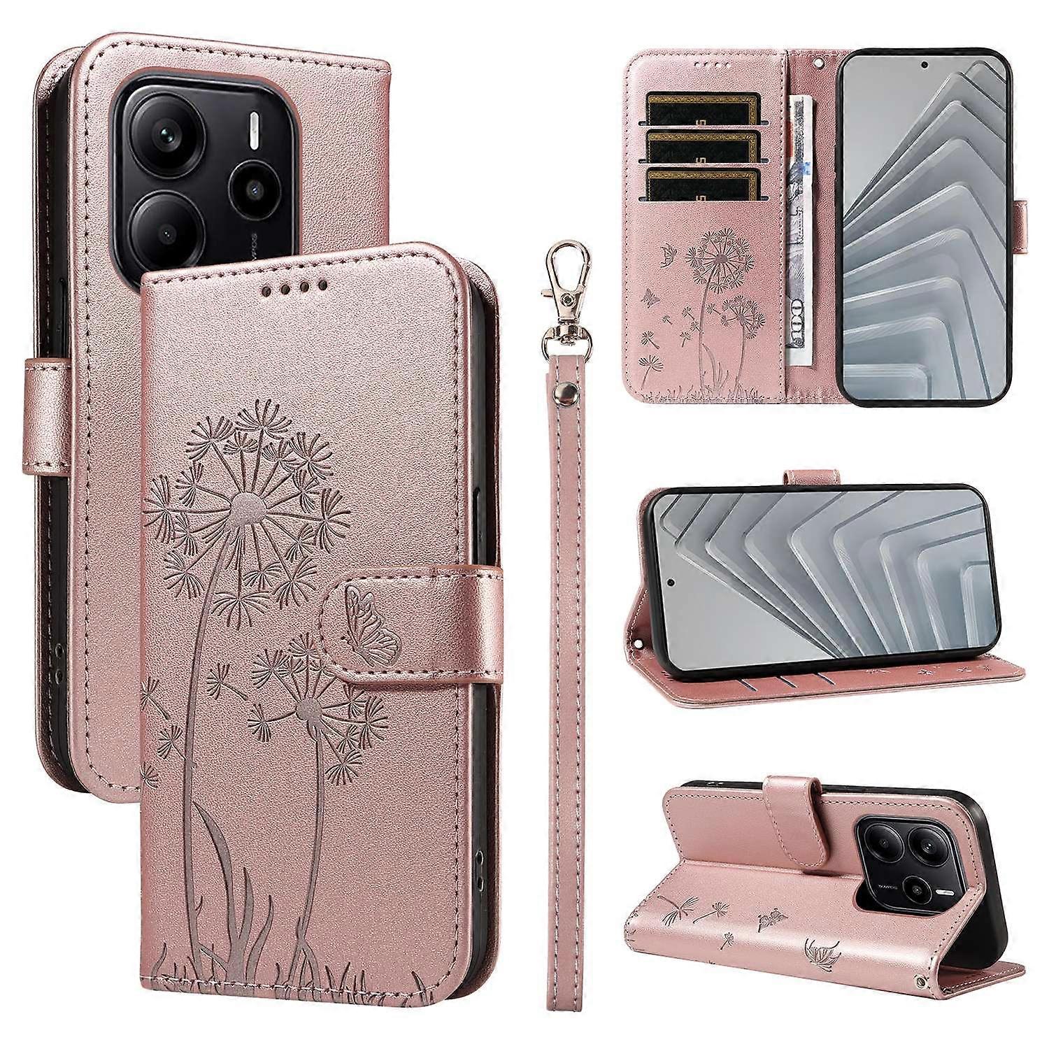 For Xiaomi Redmi Note 14 4G Leather Wallet Case with Strap Dandelion Imprint Phone Stand Cover