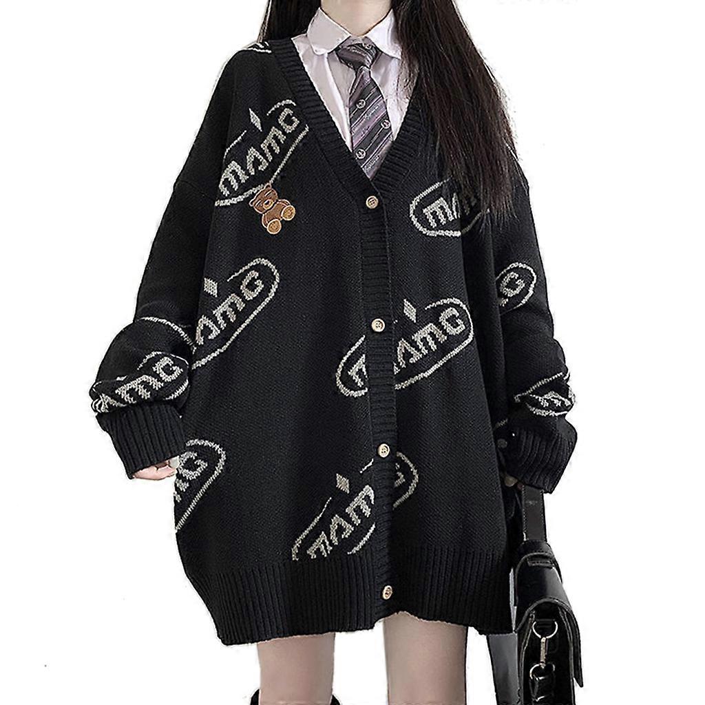 Women Autumn Long Sleeve Mid-Length Sweater Cardigan Harajuku Cartoon Bear Button Down Knitwear Coat Letters Print Oversized Loose for Jacket XL