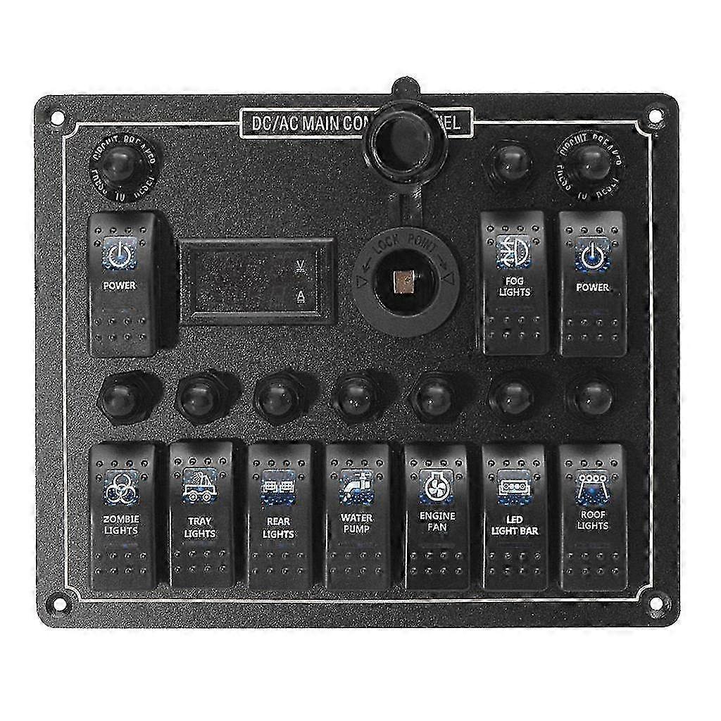 Flameresistant 10 Gang Marine Rocker Switch Panel Current Voltage Meter